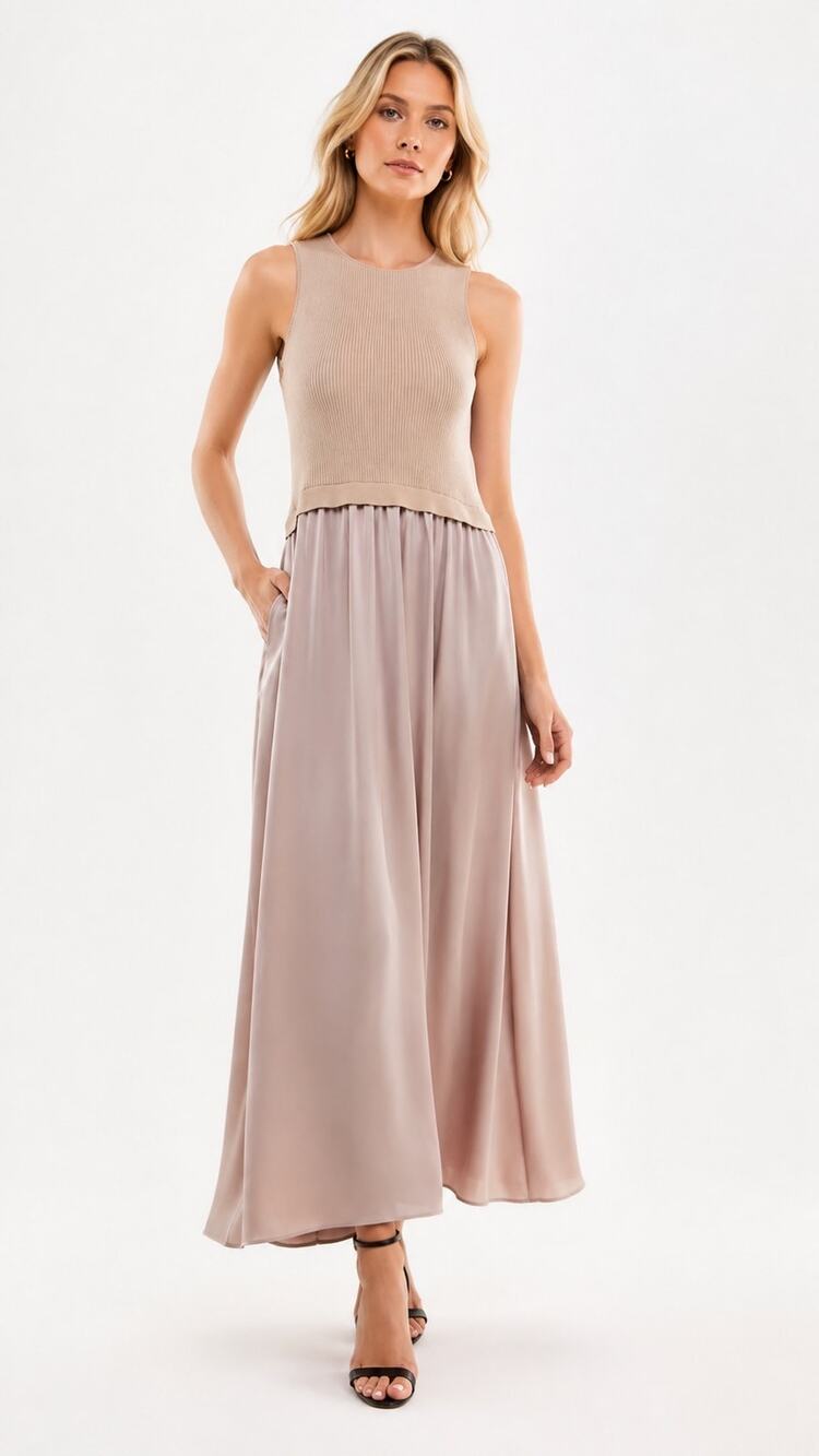 Taylor Taupe Twofer Sweater Maxi Dress Sleeveless Ribbed Layered Look Sz Medium